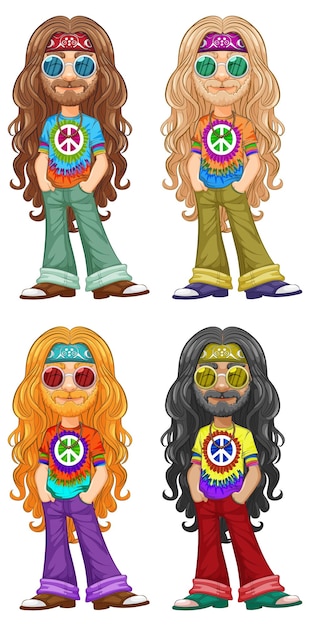 Vector groovy hippie fashion illustration set