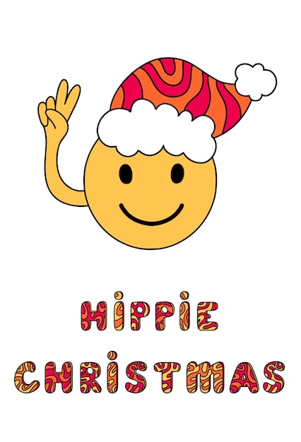 Groovy hippie glimlach icoon met kerstmuts en hippie kerstletters in retro cartoon stijl