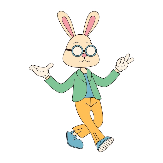 Groovy hippie Happy Easter character Easter bunny in trendy retro 60s 70s cartoon style