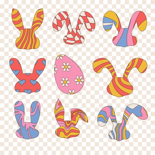 Groovy hippie happy easter elements set collection of heads of easter bunnies with ears in trendy