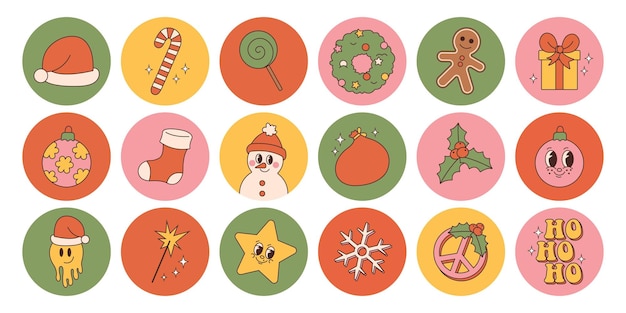 Groovy hippie kerst rond stickers sneeuwman geschenken vrede ho ho ho winter sneeuwvlokken