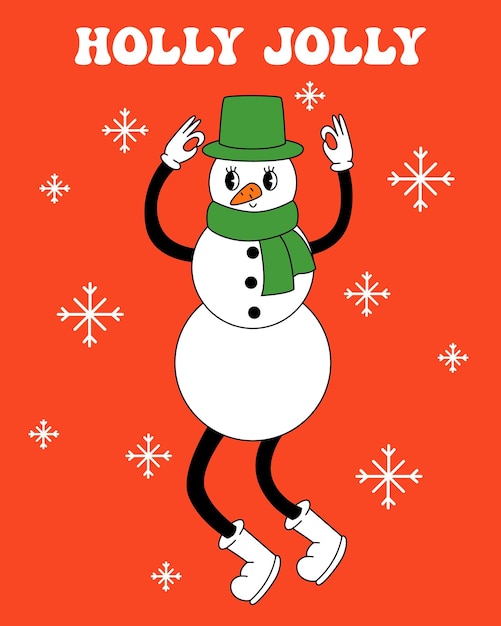 Groovy hippie kerst sneeuwman in trendy retro cartoon stijl Vrolijk kerstfeest en Gelukkig Nieuwjaar kaartje poster druk feest uitnodiging achtergrond