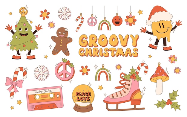 Groovy hippie kerstplakkers Kerstman kerstboom geschenken regenboog vrede holly jolly vibes ho ho ho winter peperkoek in trendy retro cartoon stijl Cartoon personages en elementen
