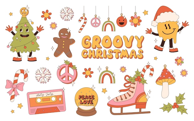 Vector groovy hippie kerstplakkers kerstman kerstboom geschenken regenboog vrede holly jolly vibes ho ho ho winter peperkoek in trendy retro cartoon stijl cartoon personages en elementen