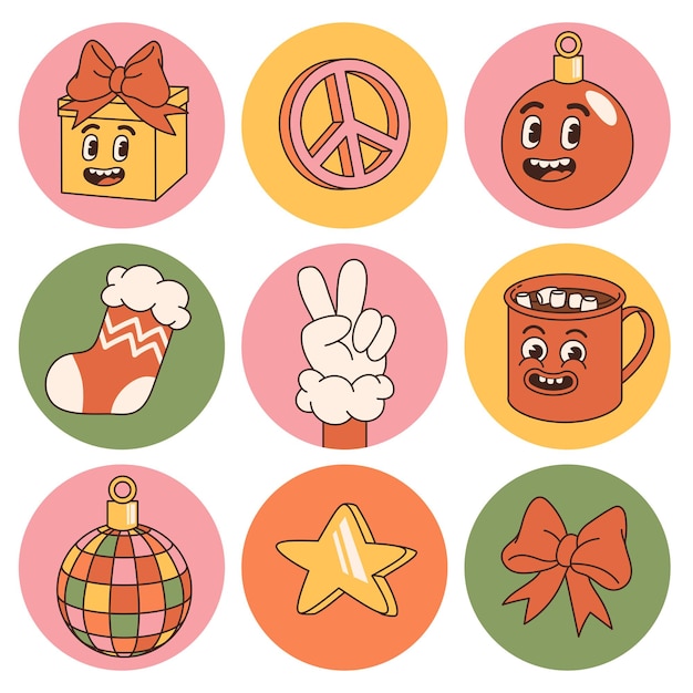 Groovy hippie kerststickers Peace cacao ster bal cadeau in trendy retro cartoon stijl