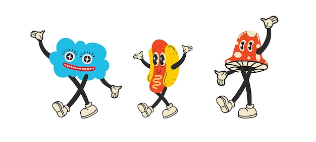 Groovy hippie liefde sticker karakter Komische gelukkige paddestoel hotdog en wolk karakter met vleugels in trendy retro 60s 70s cartoon stijl Vintage geïsoleerde vectorillustratie