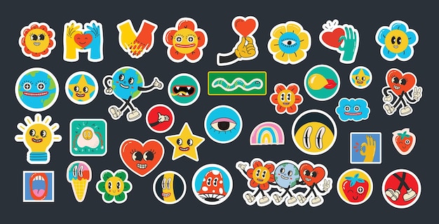 Groovy hippie liefde sticker karakter Komische gelukkige retro bloemen geometrische stickers karakters in trendy retro jaren '60 jaren '70 cartoon stijl Vintage geïsoleerde vectorillustraties set