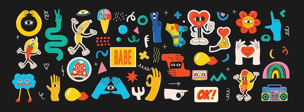 Groovy hippie liefde sticker karakter Komische gelukkige retro meisjes geometrische stickers karakters in trendy retro jaren '60 jaren '70 cartoon stijl Vintage geïsoleerde vectorillustraties set