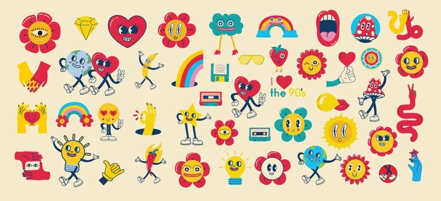 Groovy hippie liefde sticker set Retro happy Valentijnsdag Komisch gelukkig hart karakter in trendy retro jaren '60 jaren '70 cartoon stijl Retro karakters en elementen set