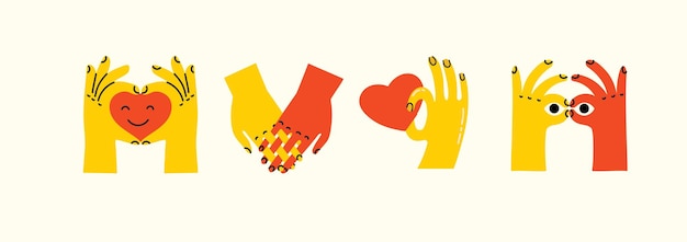 Groovy hippie love set of colorful hands with different gestures Hands with heart together hands and etc Hand drawn vector illustration Retro happy Valentines day in cartoon style