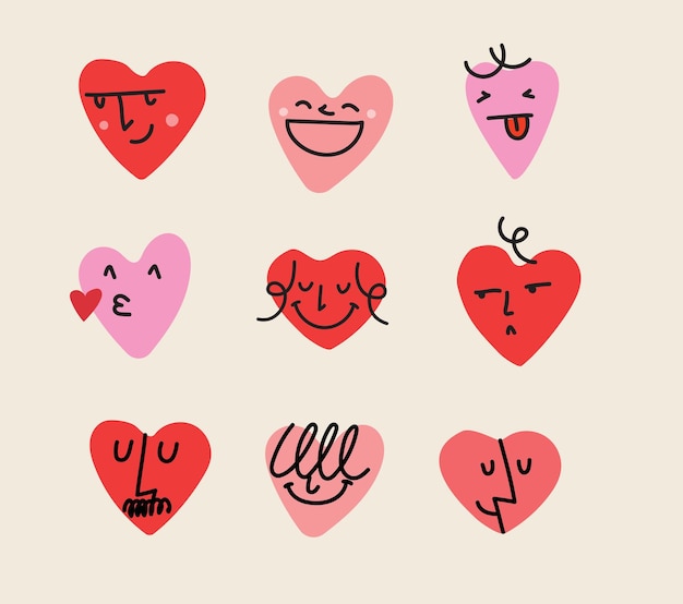 Groovy hippie love sticker set Hart grappig cartoon personage verschillende pose Gelukkige Valentijnsdag