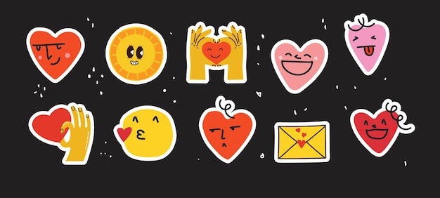 Groovy hippie love sticker set Heart funny cartoon character different pose Happy valentine's day