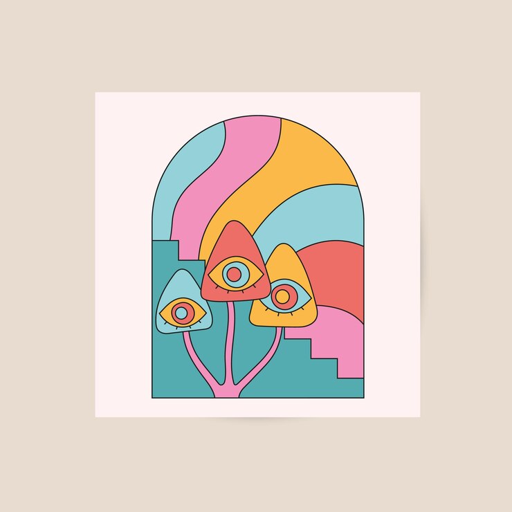 Vector groovy hippie posters cards with surreal abstract eyes mushrooms arches retro 70s and 80s