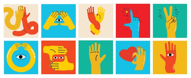 Groovy hippie set of colorful hands with different gestures hands with heart eyes together hands and etc hand drawn vector illustration