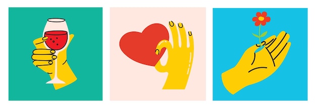 Groovy hippie set of colorful hands with different gestures Hands with heart together hands and etc Hand drawn vector illustration