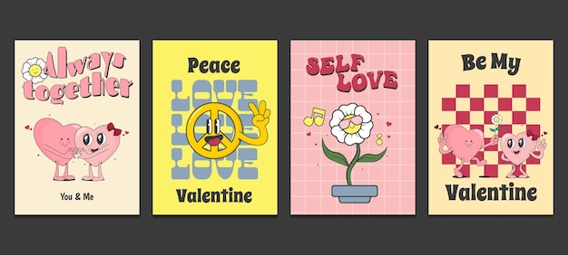 Groovy hippie valentine's day poster in trendy retro 60s 70s cartoon style