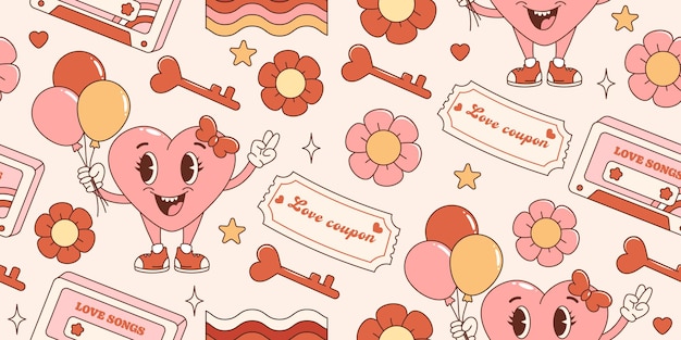 Groovy hippie Valentines Day seamless pattern. With retro cartoon characters and elements.