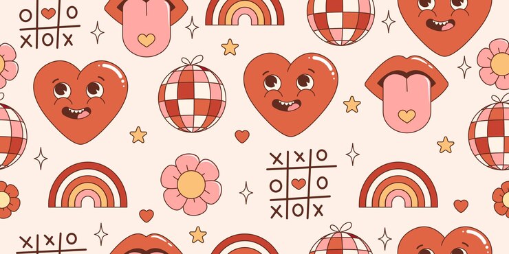 Vector groovy hippie valentines day seamless pattern. with retro cartoon characters and elements.