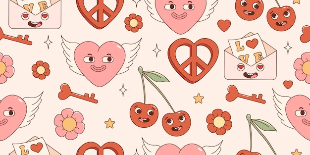 Groovy hippie Valentines Day seamless pattern. With retro cartoon characters and elements.