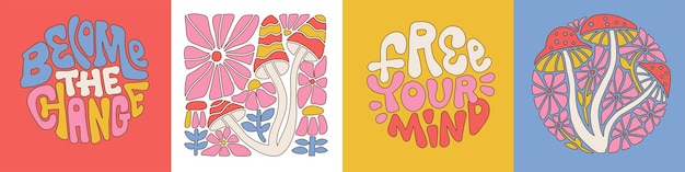 Vector groovy hippiekaarten met belettering citaten worden de verandering die je geest psychedelische stickers bevrijdt