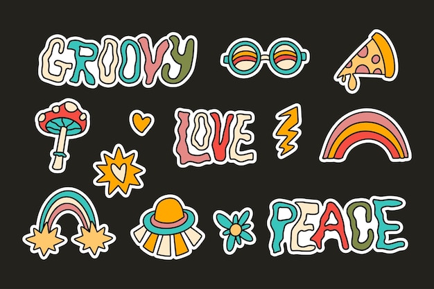 Groovy icon sticker vector set Funky badge lettering label