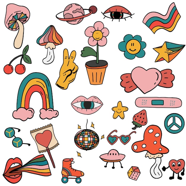 Groovy icons set s style hand drawn