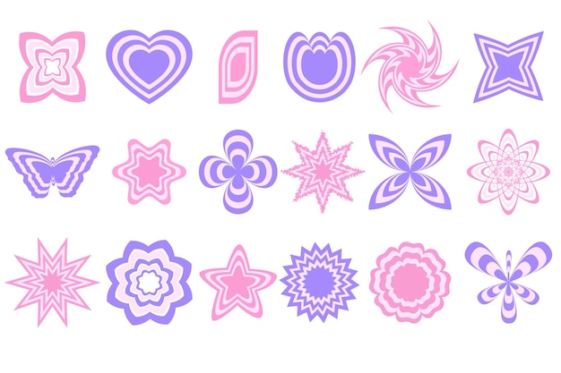 Groovy icons in y2k retro style 2000s design objects in pastel colors