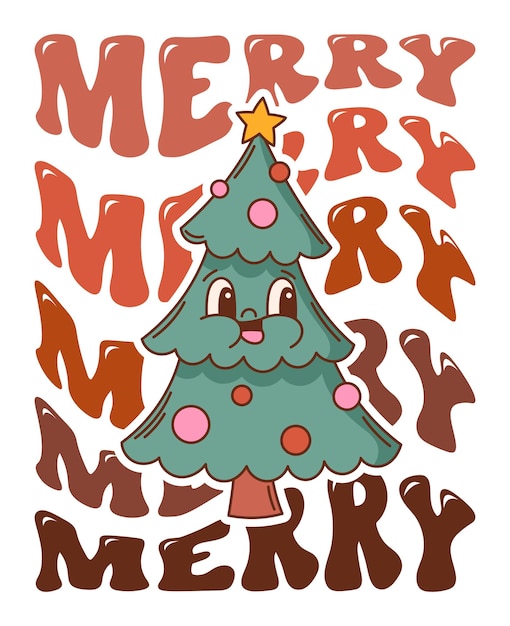 Groovy Kerstmis citaat vector print. Kerstboom illustratie. Retro mascotte karakter clipart