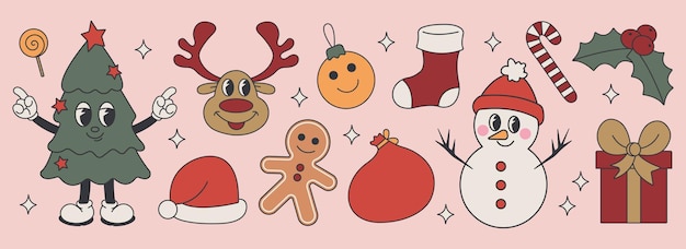 Groovy Kerststickerset uit de jaren 70 Trendy retro cartoon-stijl Stripfiguren en elementen