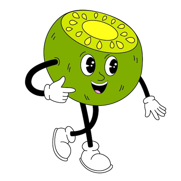 Vettore fruta di kiwi groovy disegno a mano divertente stile vintage retro di tendenza personaggio di cartone animato di frutta doodle comic