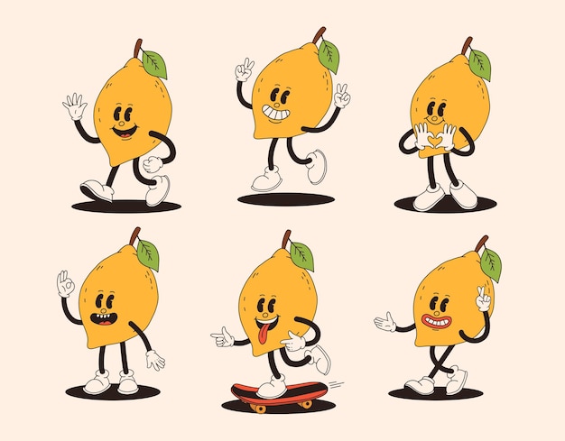 Vector groovy lemon mascot in different poses funky retro character set of cartoon lemons smiling