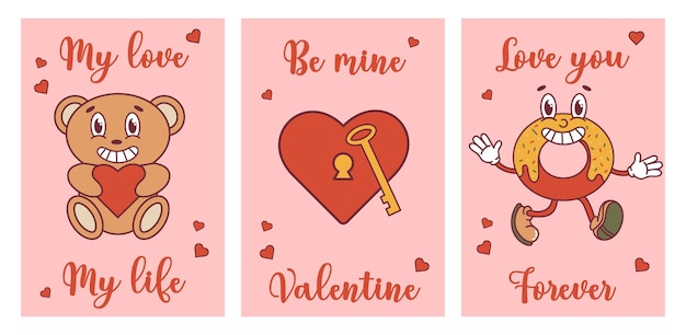 Groovy lovely hearts retro posters set Love concept Happy Valentines Day Trendy retro 60s 70s cartoon style Card postcard print