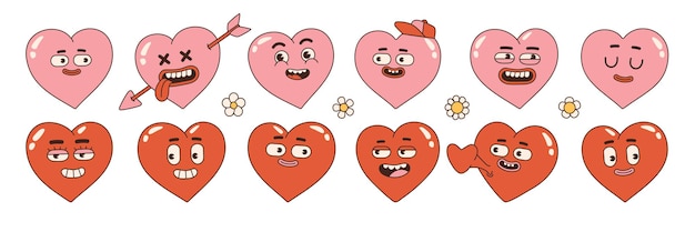Groovy lovely hearts stickers love concept happy valentines day pink and red colors