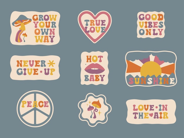 Groovy motivatie stickers set. Vrolijke hippieprints en populaire zinnen.