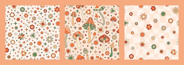 그루비 버섯과 데이지 꽃 원활한 패턴은 Ss 스타일의 복고풍 히피 벡터 배경을 설정합니다.