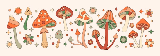 Заводные грибы в стиле ретро-хиппи, психоделическая абстрактная векторная иллюстрация