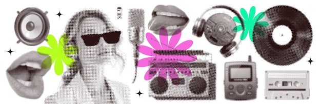 Groovy music mixed media halftone collage elements set with vinyl vintage microphone singing mouth