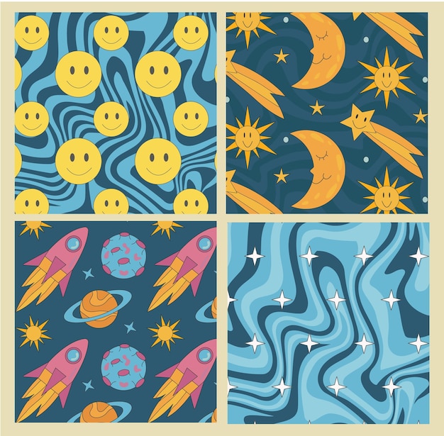 Groovy pattern planet rocket smile cosmos with stars on hippie wave background