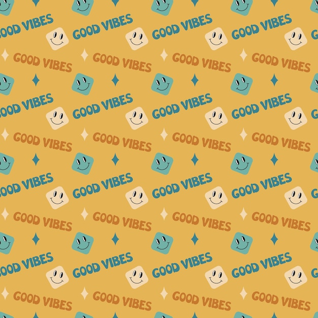 Vector groovy pattern seamless retro 70s background with smiles and good vibes text vector illustration repeat trendy 60s vintage pattern