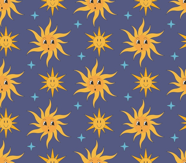 Groovy pattern star and sun ib cartoon hippie style on dark background