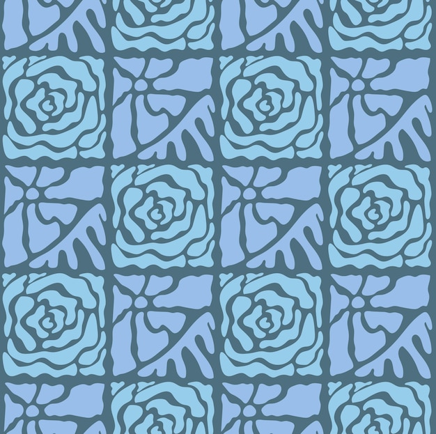 Groovy pattern with abstract blue rose flowers Modern checkerboard seamless