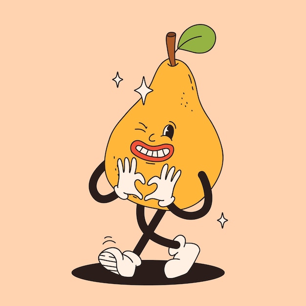 Groovy pear mascot Funky retro character cartoon pear smiling walking Funny vintage