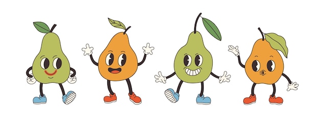 Vector groovy pear set hand draw funny retro vintage trendy style pear cartoon character illustration