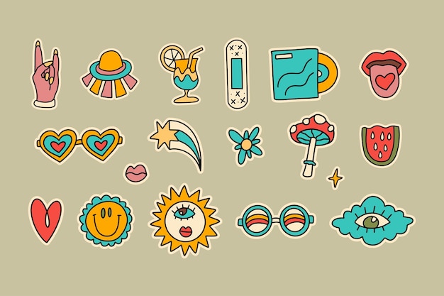 Groovy pictogram sticker vector set Funky badge label