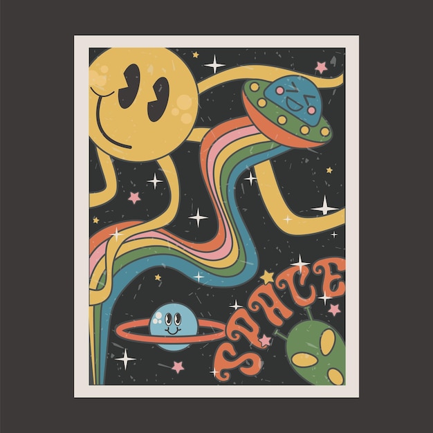 Vector groovy poster of the 90s. cartoon psychedelic style. bright hippie and retro elements. ufo, sun ray