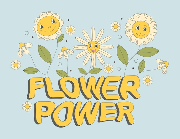 Groovy  poster with hippie flowers daisies and text flower power on retro background in  60s 70s fla