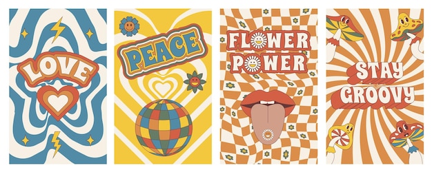 Groovy posters Set van posters in trendy retro trippy stijl Hippie 60s 70s stijl