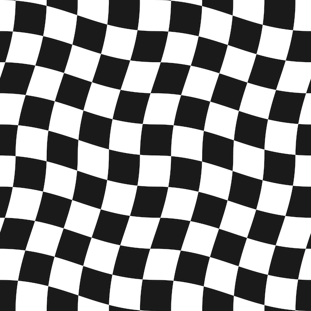 ベクトル グルーヴィーなサイケデリックな波状のチェス盤のシームレスなパターン ヒッピー ツイスト ギンガム チェッカー ボードの背景チェッカー レトロなサイケデリックなシームレスなテクスチャ ベクトル イラスト白背景に分離