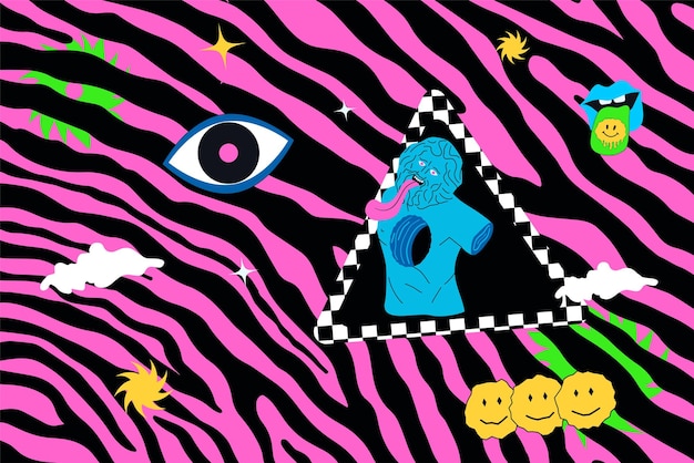 Vector groovy psychedelische illustratie met vreemde persoon verschillende vormen op een zure zebra achtergrond trippy artwork