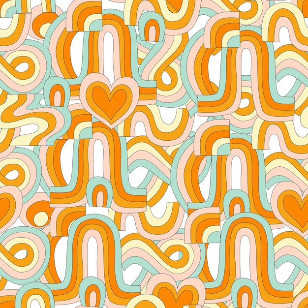 Vector groovy rainbow retro seamless pattern psychedelic doodle wavy background in trendy 1970s hippie style colorful trippy rainbow print for fabric wrapping paper web design poster cute cover design